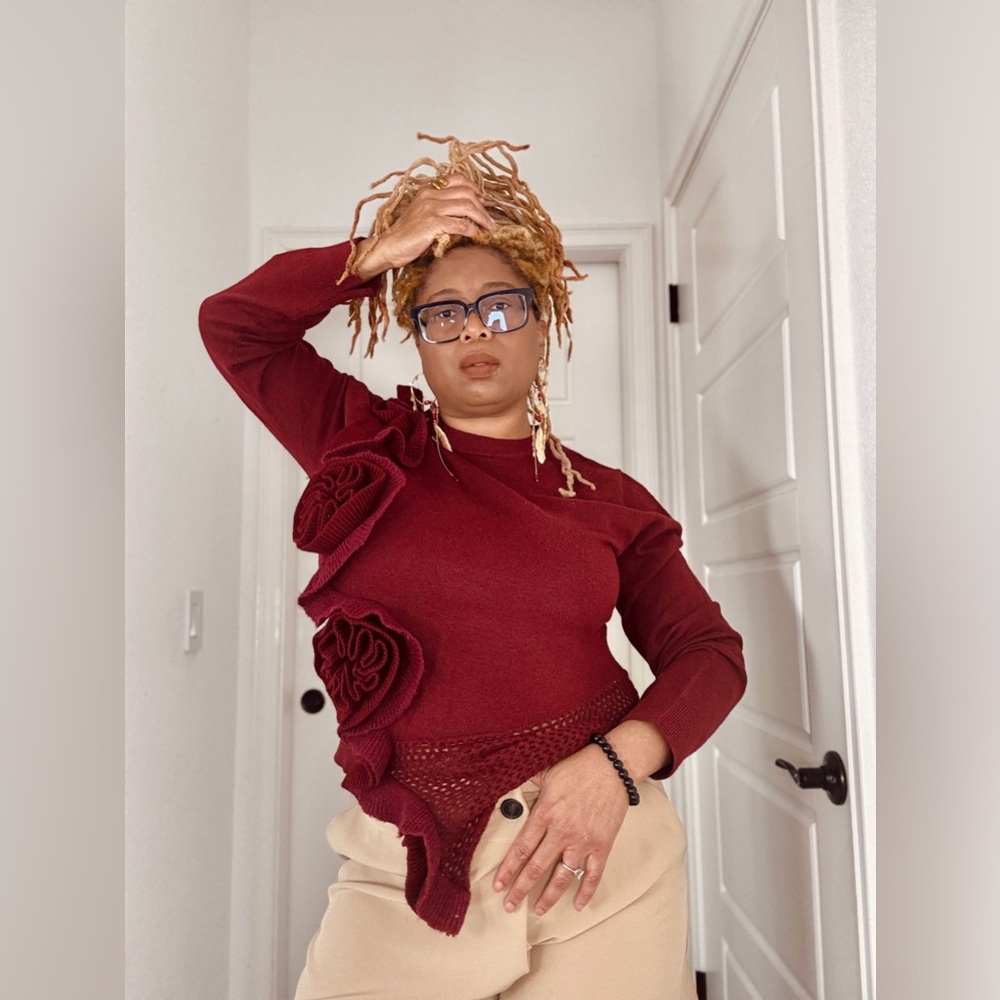 Women's Burgundy Floral Ruffle Knit Sweater - Picture 2 of 2